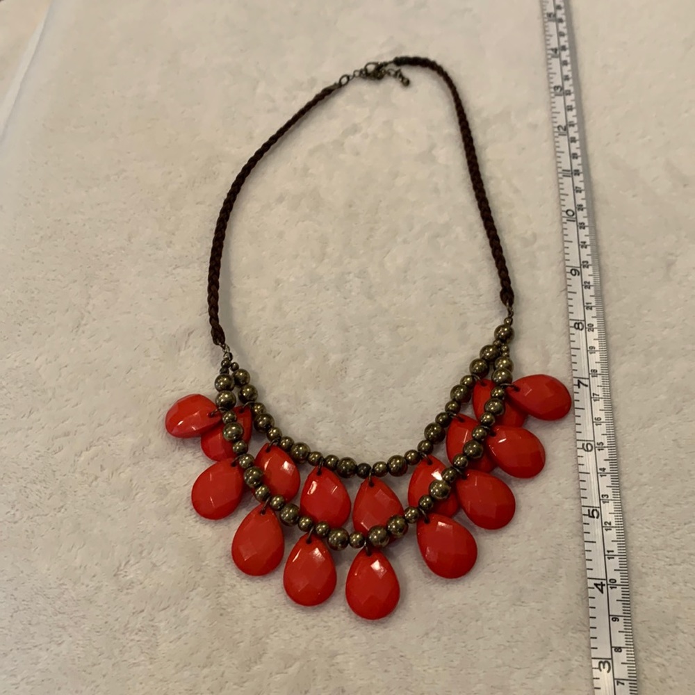 Hot pink and gold beads with brown leather necklace